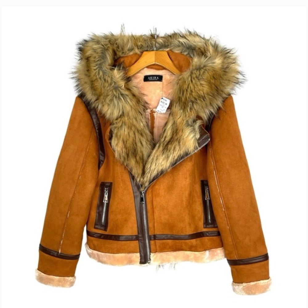 AKIRA Tan Teddy Jacket with Faux Fur Hood